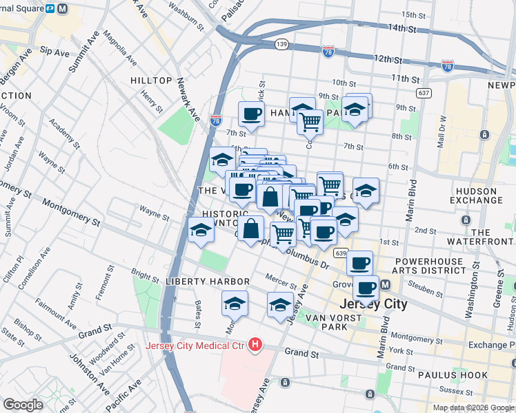 map of restaurants, bars, coffee shops, grocery stores, and more near 394 2nd Street in Jersey City
