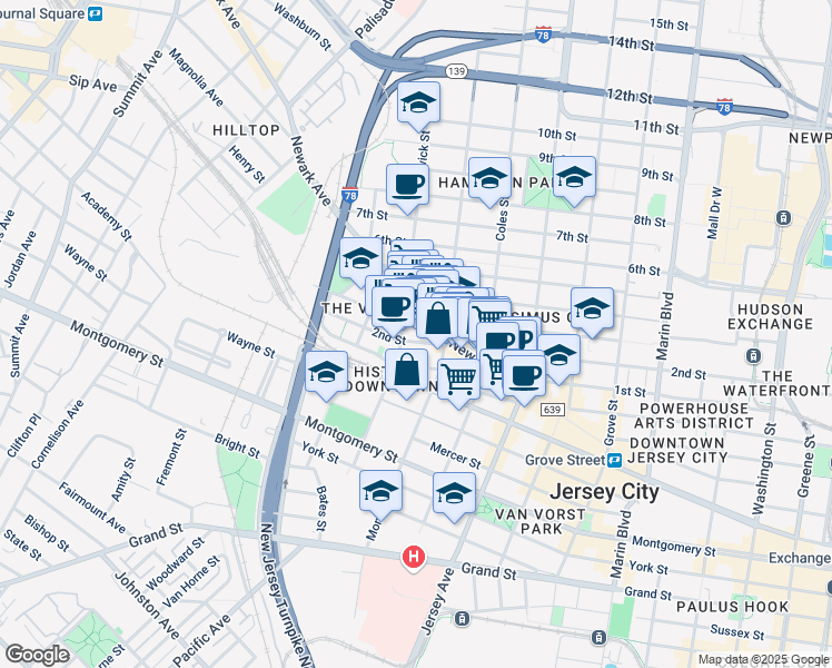 map of restaurants, bars, coffee shops, grocery stores, and more near 394 2nd Street in Jersey City