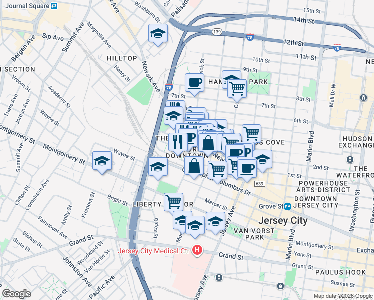 map of restaurants, bars, coffee shops, grocery stores, and more near in Jersey City