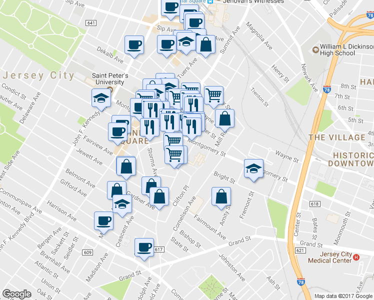 map of restaurants, bars, coffee shops, grocery stores, and more near 246 Summit Avenue in Jersey City