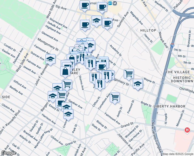 map of restaurants, bars, coffee shops, grocery stores, and more near 246 Summit Avenue in Jersey City