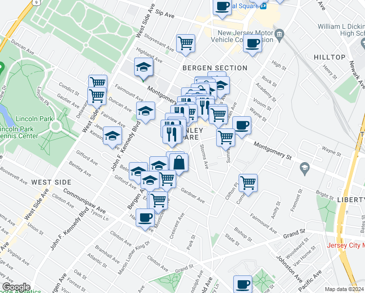 map of restaurants, bars, coffee shops, grocery stores, and more near in Jersey City