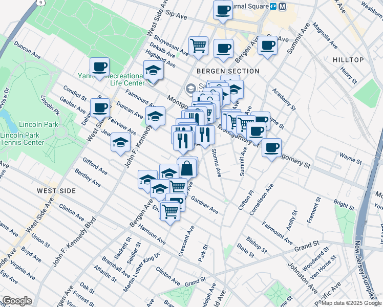 map of restaurants, bars, coffee shops, grocery stores, and more near in Jersey City