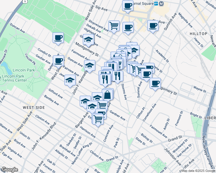 map of restaurants, bars, coffee shops, grocery stores, and more near in Jersey City