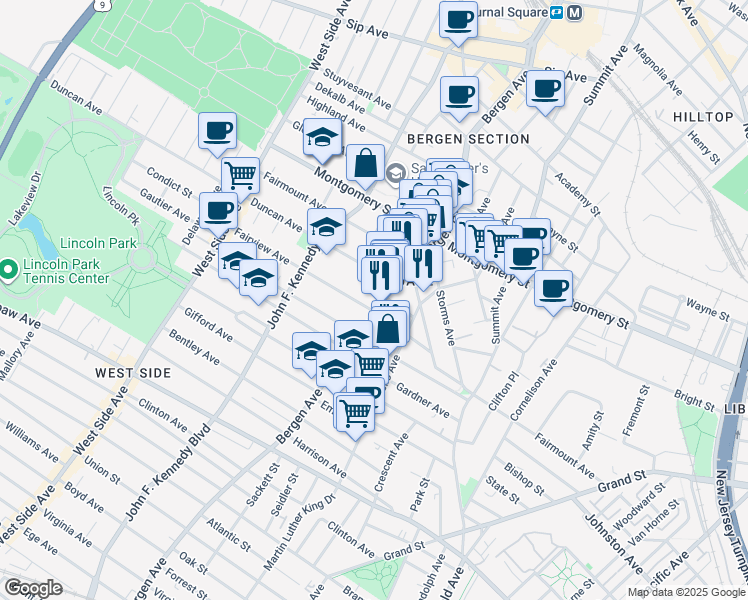 map of restaurants, bars, coffee shops, grocery stores, and more near 74 Fairview Avenue in Jersey City