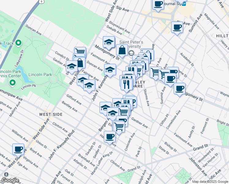 map of restaurants, bars, coffee shops, grocery stores, and more near 103 Fairview Avenue in Jersey City
