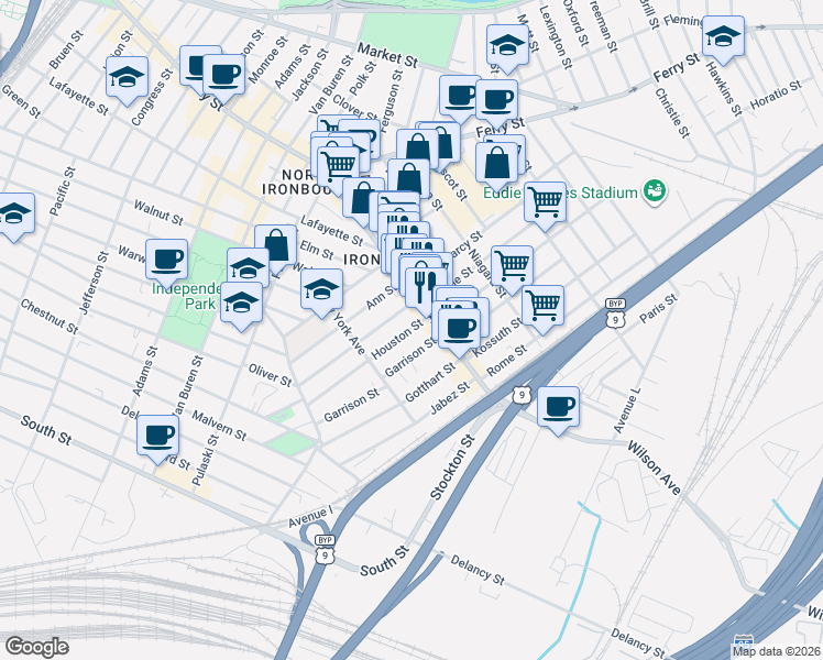 map of restaurants, bars, coffee shops, grocery stores, and more near 104 Houston Street in Newark