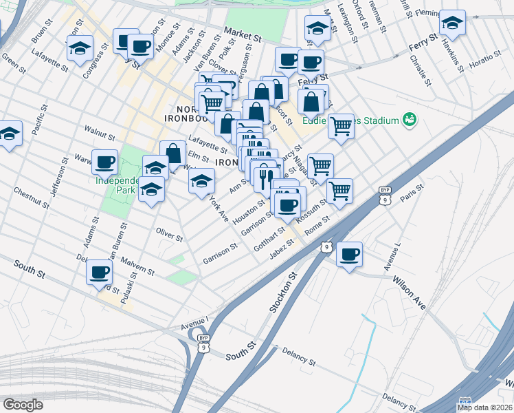 map of restaurants, bars, coffee shops, grocery stores, and more near 104 Houston Street in Newark