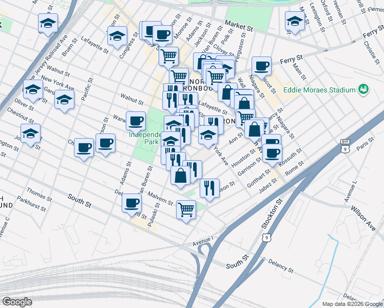 map of restaurants, bars, coffee shops, grocery stores, and more near 205 Warwick Street in Newark