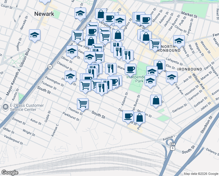 map of restaurants, bars, coffee shops, grocery stores, and more near 266 Chestnut Street in Newark