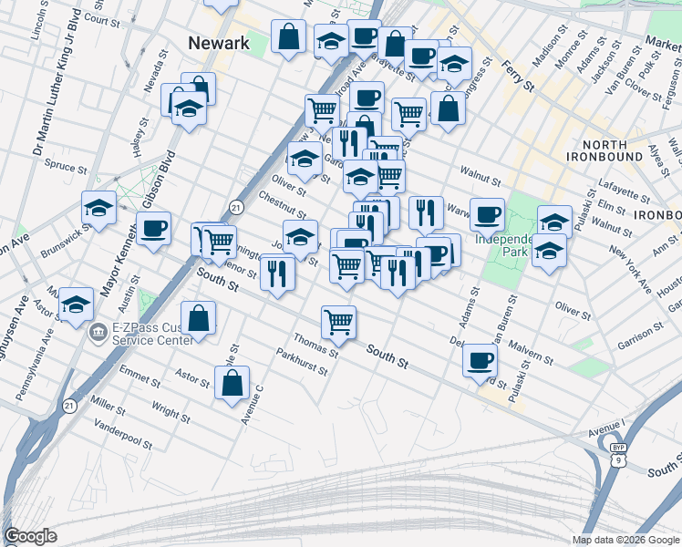 map of restaurants, bars, coffee shops, grocery stores, and more near 116 Johnson Street in Newark