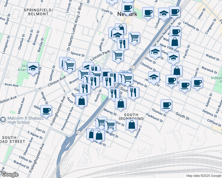 map of restaurants, bars, coffee shops, grocery stores, and more near 73 South Street in Newark