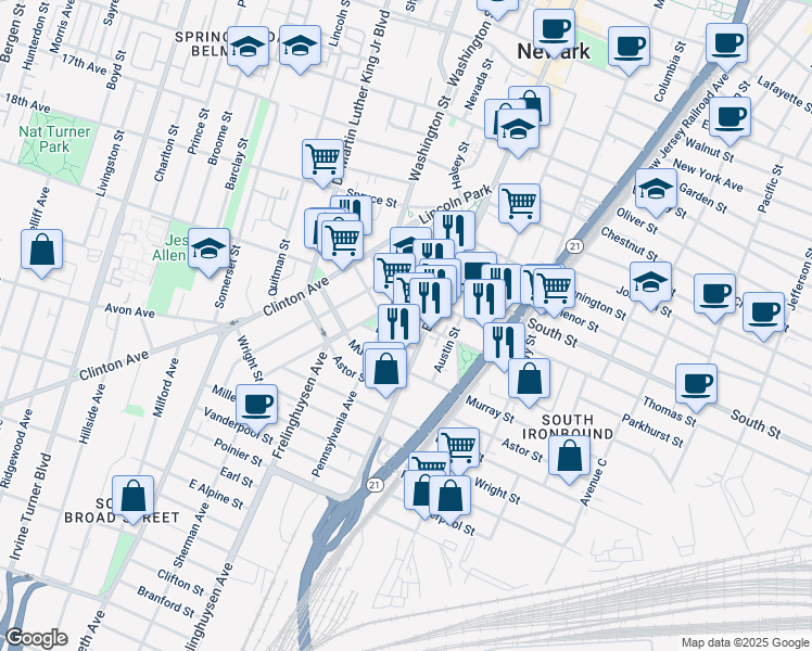 map of restaurants, bars, coffee shops, grocery stores, and more near 69 Pennsylvania Avenue in Newark