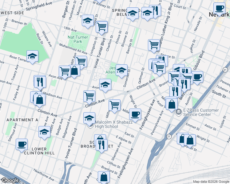 map of restaurants, bars, coffee shops, grocery stores, and more near 30/32 Avon Avenue in Newark