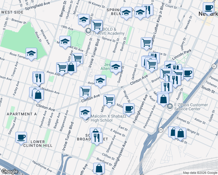 map of restaurants, bars, coffee shops, grocery stores, and more near 30/32 Avon Avenue in Newark