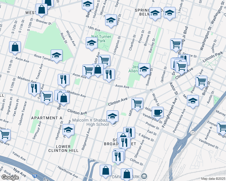 map of restaurants, bars, coffee shops, grocery stores, and more near 314 Irvine Turner Boulevard in Newark