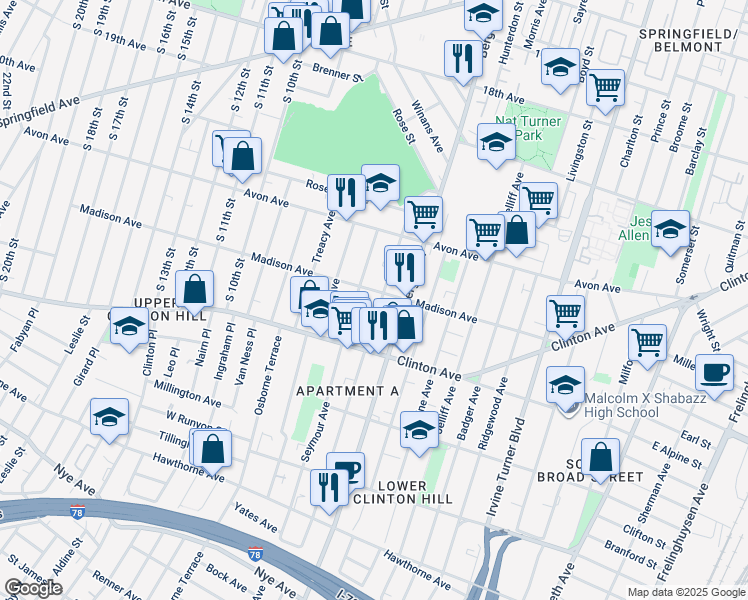 map of restaurants, bars, coffee shops, grocery stores, and more near 83 Chadwick Avenue in Newark