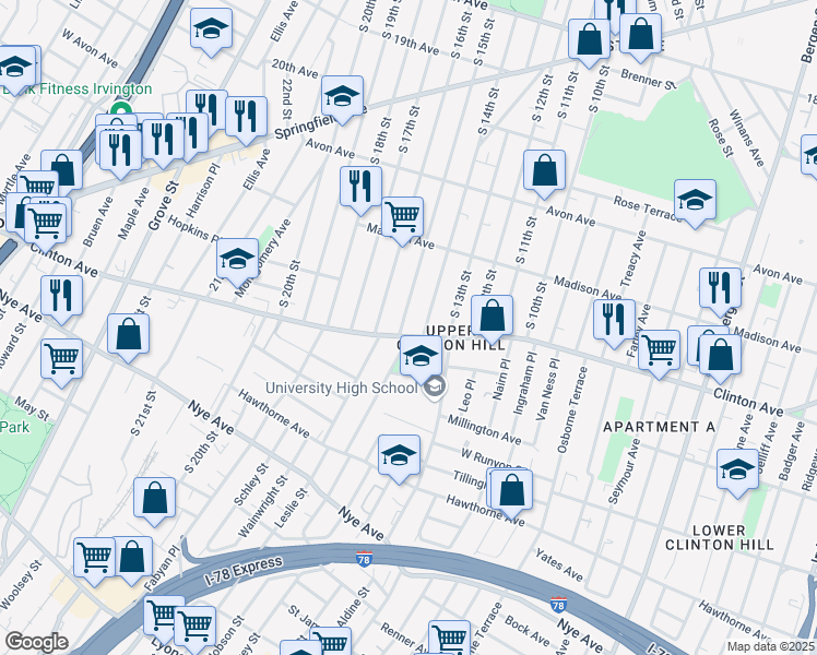 map of restaurants, bars, coffee shops, grocery stores, and more near in Newark