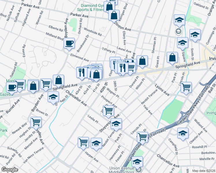 map of restaurants, bars, coffee shops, grocery stores, and more near 19 40th Street in Irvington
