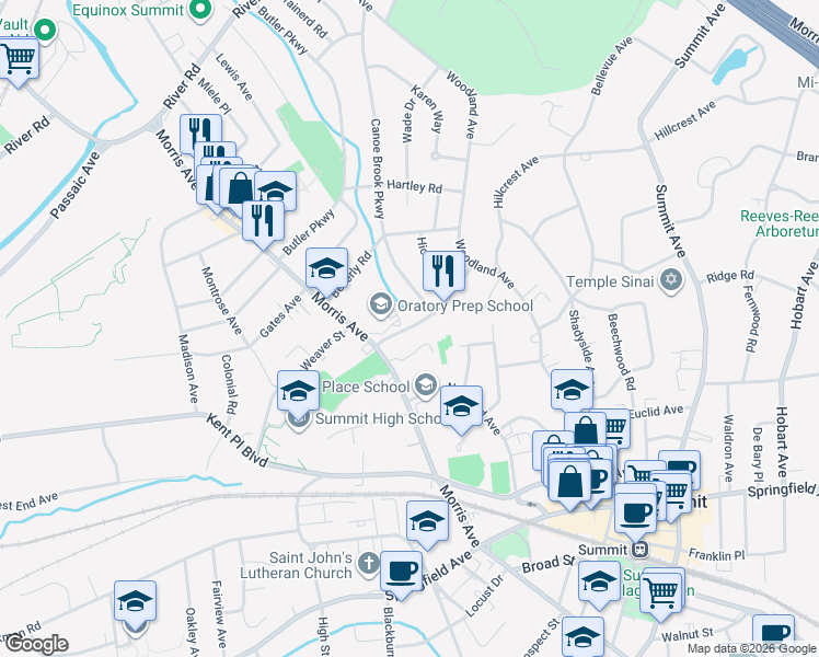 map of restaurants, bars, coffee shops, grocery stores, and more near 22 Bedford Road in Summit