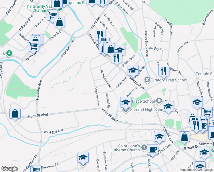 map of restaurants, bars, coffee shops, grocery stores, and more near 12 Webster Avenue in Summit