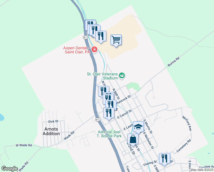 map of restaurants, bars, coffee shops, grocery stores, and more near 243 North Front Street in Saint Clair