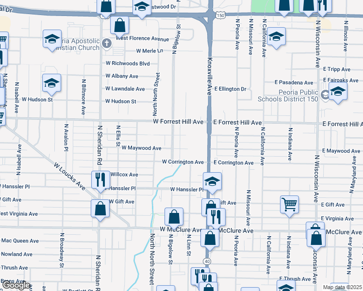 map of restaurants, bars, coffee shops, grocery stores, and more near 2928 North Bigelow Street in Peoria