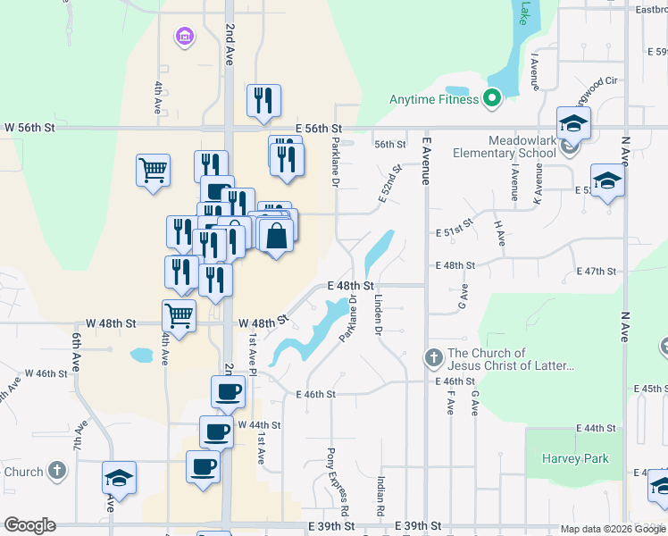 map of restaurants, bars, coffee shops, grocery stores, and more near 208 East 48th Street in Kearney