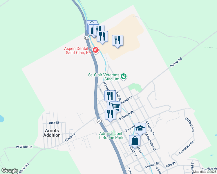 map of restaurants, bars, coffee shops, grocery stores, and more near 243 North Front Street in Saint Clair