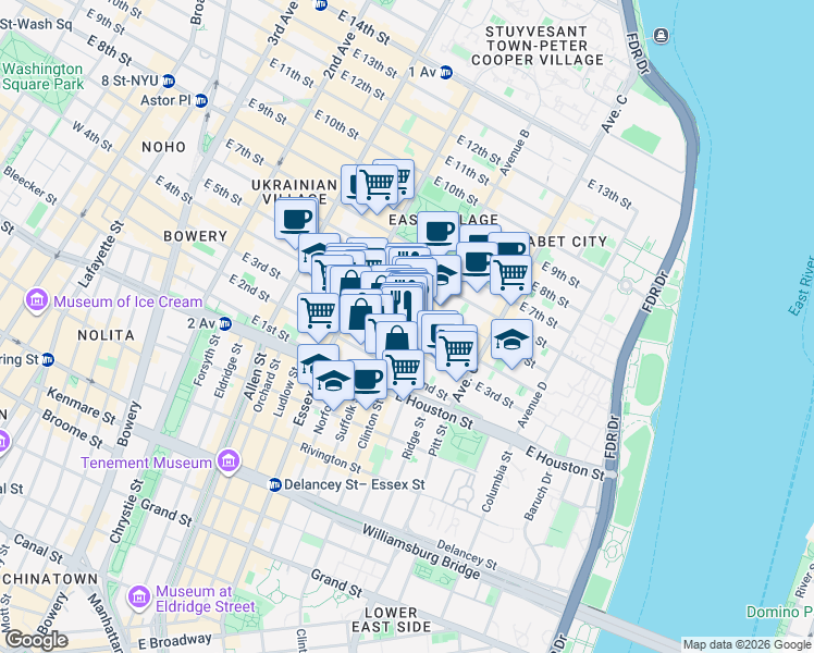 map of restaurants, bars, coffee shops, grocery stores, and more near 50-52 Avenue B in New York