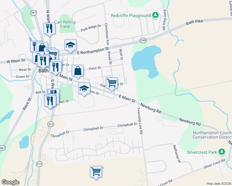 map of restaurants, bars, coffee shops, grocery stores, and more near 505 East Main Street in Bath