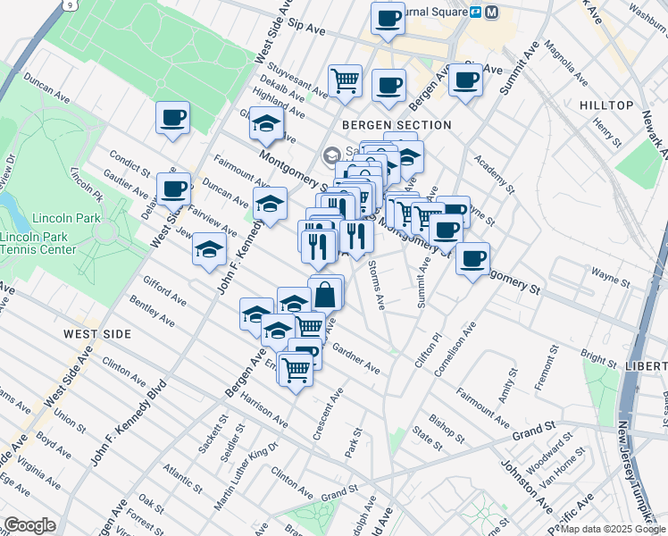 map of restaurants, bars, coffee shops, grocery stores, and more near in Jersey City