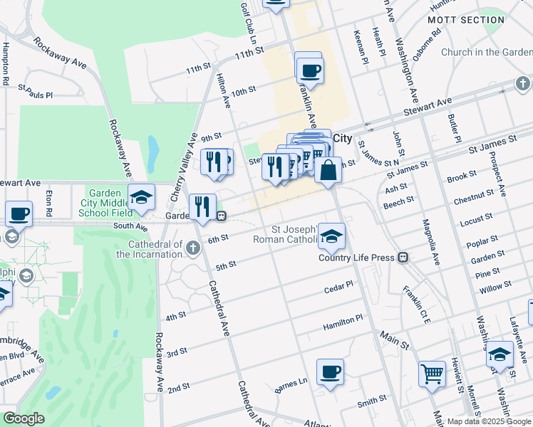 map of restaurants, bars, coffee shops, grocery stores, and more near 51 Hilton Avenue in Garden City