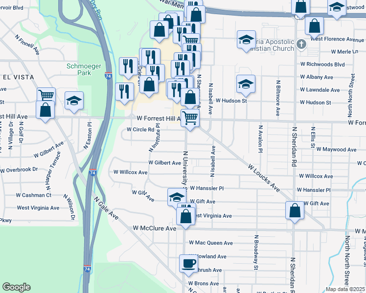 map of restaurants, bars, coffee shops, grocery stores, and more near 2919 North University Street in Peoria