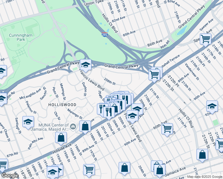 map of restaurants, bars, coffee shops, grocery stores, and more near 86-60 208th Street in Queens