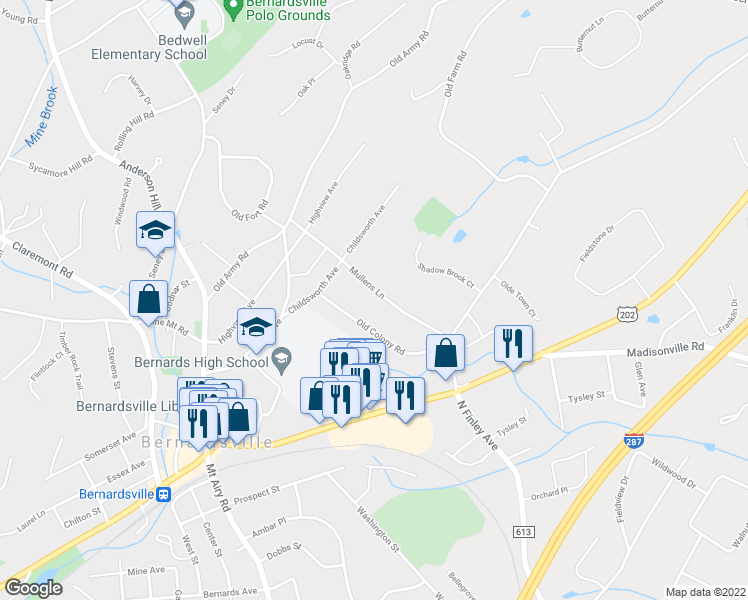 map of restaurants, bars, coffee shops, grocery stores, and more near 40 Mullens Lane in Bernardsville