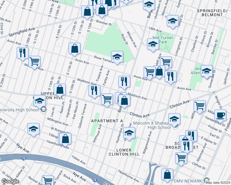 map of restaurants, bars, coffee shops, grocery stores, and more near 87 Chadwick Avenue in Newark