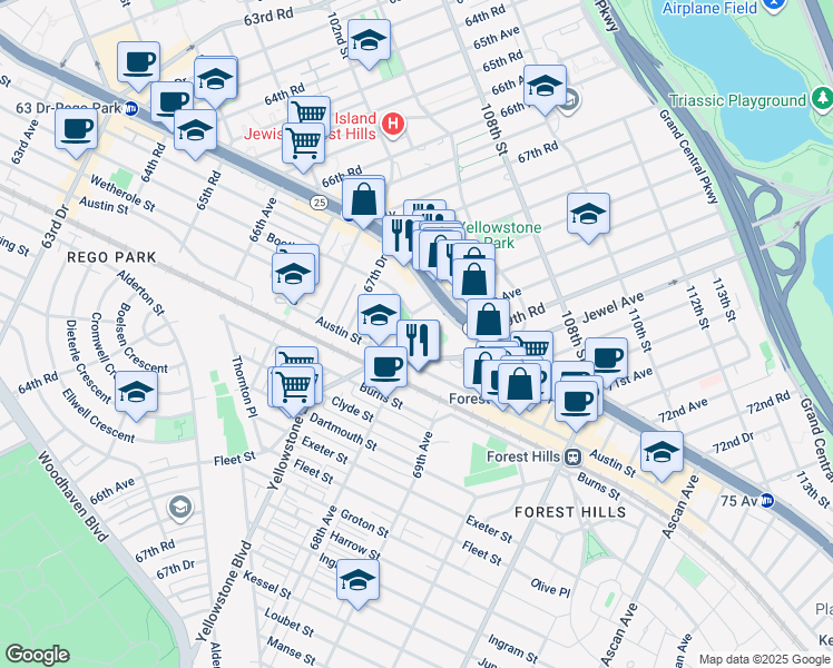 map of restaurants, bars, coffee shops, grocery stores, and more near 104-34 Queens Boulevard in Queens
