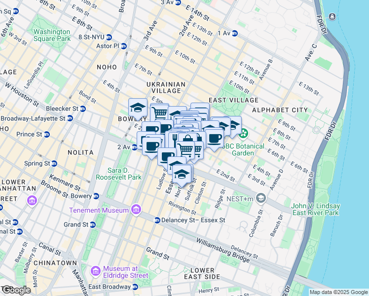 map of restaurants, bars, coffee shops, grocery stores, and more near 31 Avenue A in New York