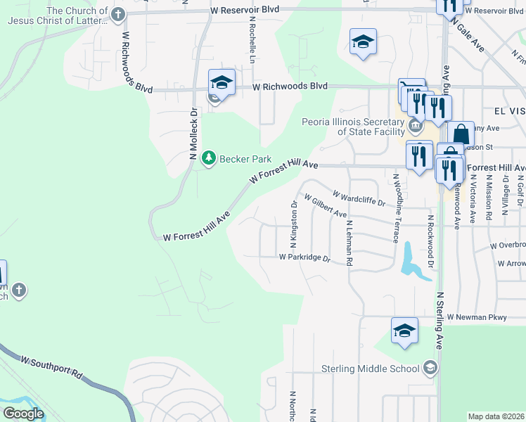 map of restaurants, bars, coffee shops, grocery stores, and more near 2808 Overbrook Court in Peoria