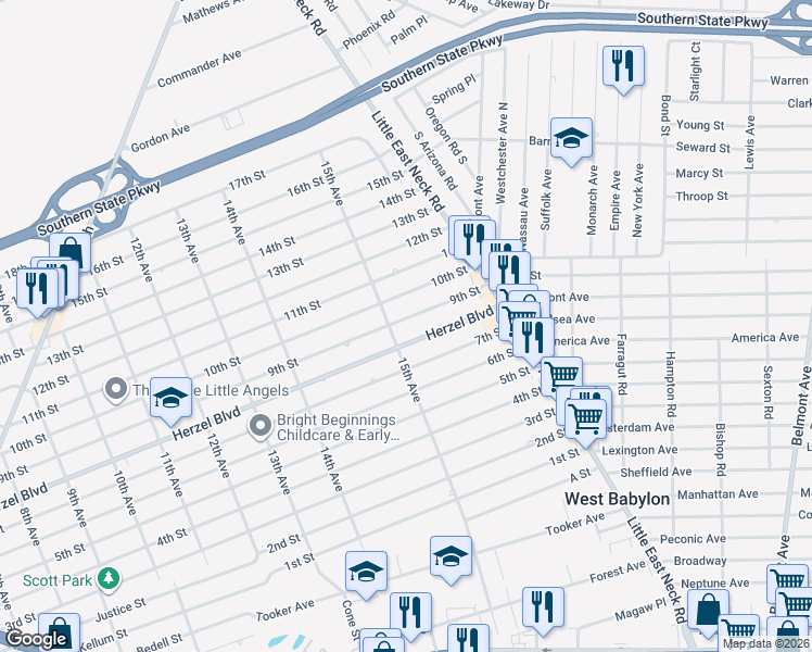map of restaurants, bars, coffee shops, grocery stores, and more near 1521 9th Street in West Babylon