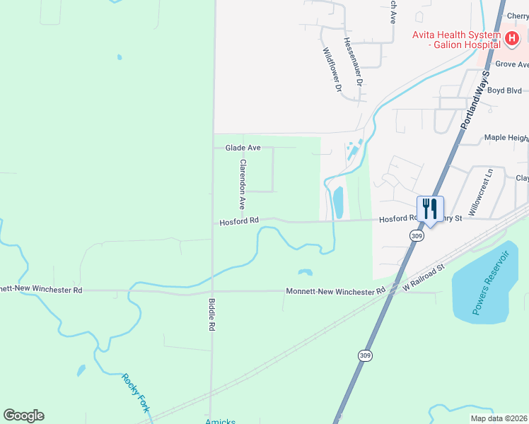 map of restaurants, bars, coffee shops, grocery stores, and more near 6288 Hosford Road in Galion