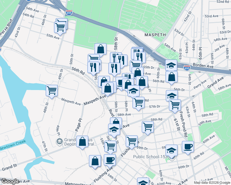 map of restaurants, bars, coffee shops, grocery stores, and more near 5759 Maurice Avenue in Queens