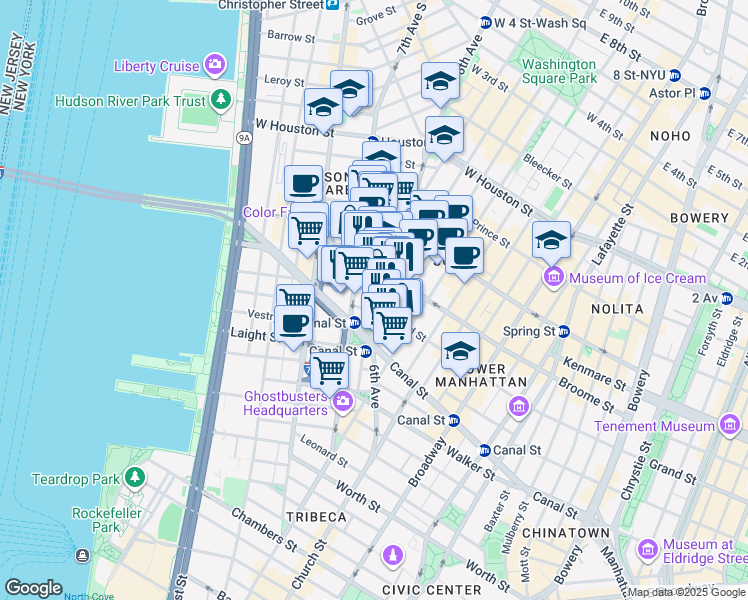 map of restaurants, bars, coffee shops, grocery stores, and more near 101 6th Avenue in New York