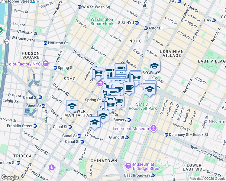 map of restaurants, bars, coffee shops, grocery stores, and more near Prince St & Mulberry St in New York