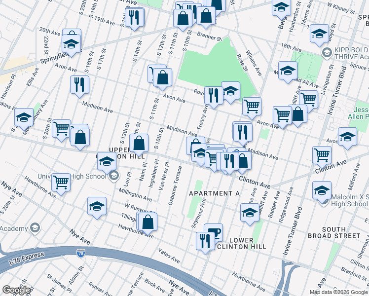 map of restaurants, bars, coffee shops, grocery stores, and more near 75-77 Baldwin Avenue in Newark