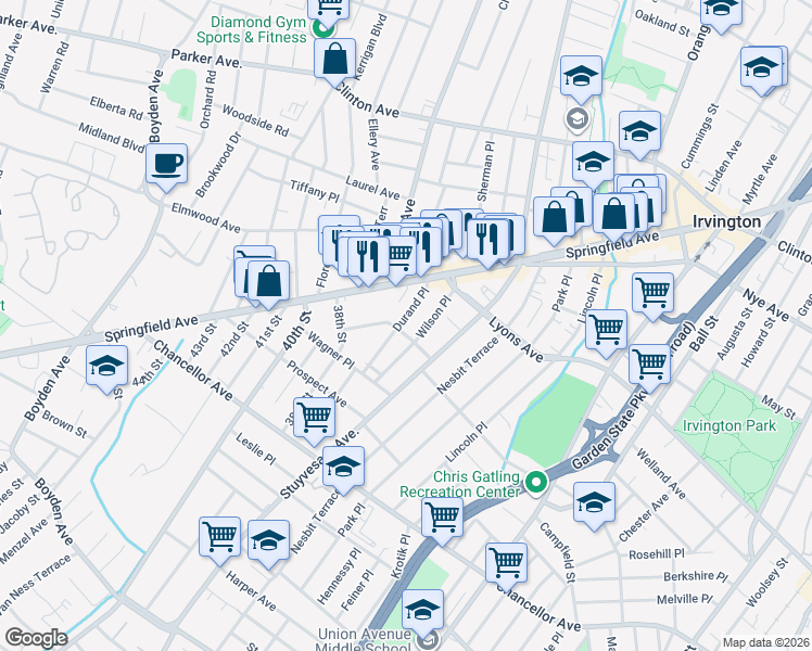 map of restaurants, bars, coffee shops, grocery stores, and more near 44 Durand Place in Irvington