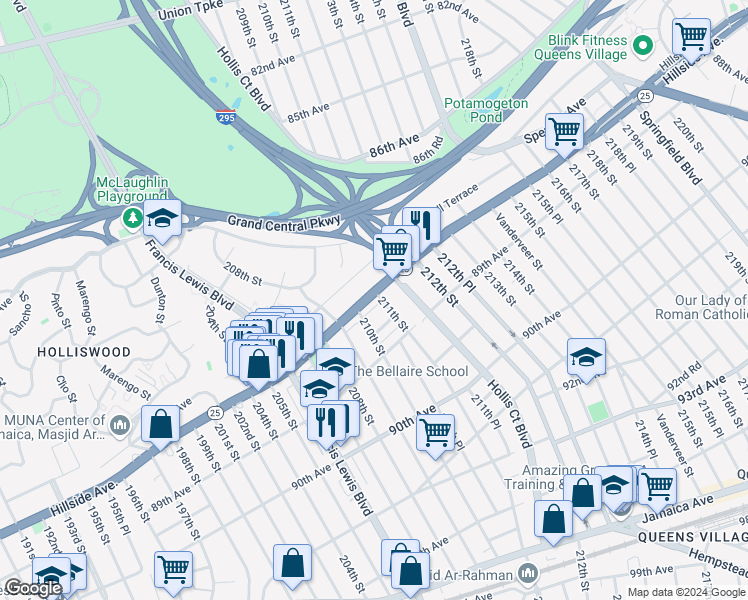 map of restaurants, bars, coffee shops, grocery stores, and more near 210-32 Hillside Avenue in Queens