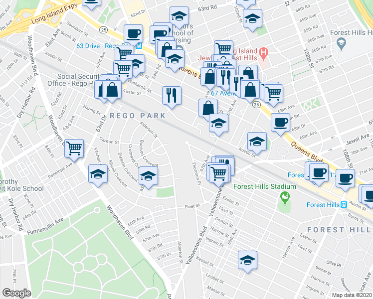 map of restaurants, bars, coffee shops, grocery stores, and more near 66-10 Thornton Place in Queens