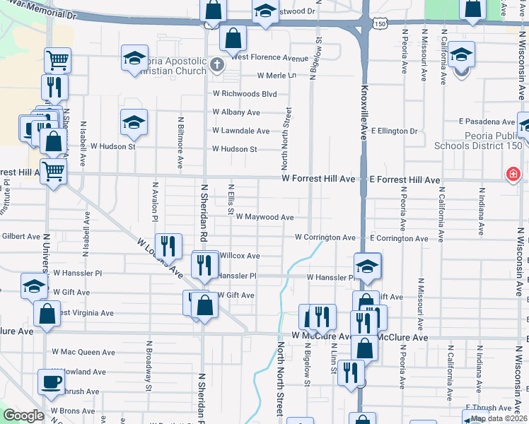 map of restaurants, bars, coffee shops, grocery stores, and more near 415 West Maywood Avenue in Peoria